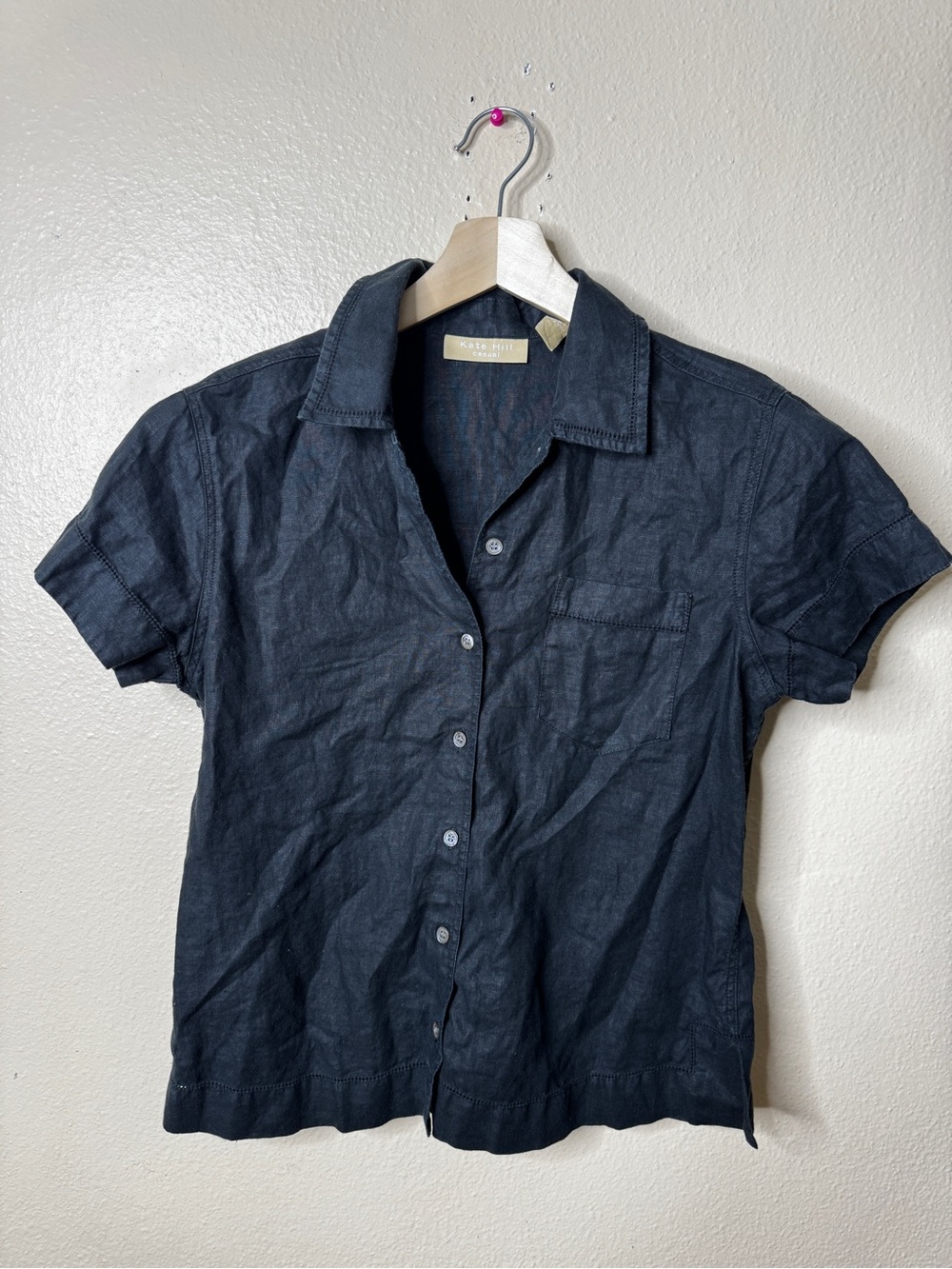 Kate Hill Womens Black 100% Linen Short Sleeve Button Up Shirt Collared Casual